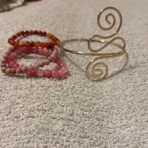 Gold Swirl Bracelet and Pink Beaded Bracelets Set